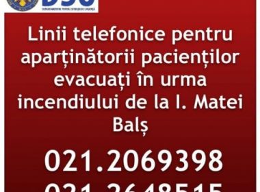 Dacă aveţi rude sau prieteni internaţi la Matei Balş, puteţi suna la numerele de telefon de mai jos pentru informaţii: 021.2069398 şi 021.2648515