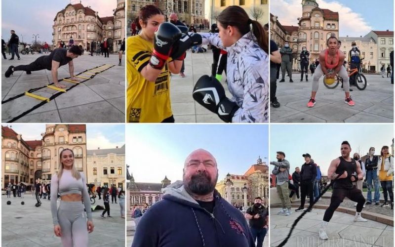Protest al sportivilor şi pasionaţilor de fitness faţă de închiderea sălilor de sport, la Oradea / Sportivii fac exerciţii, pe muzică, în centrul oraşului