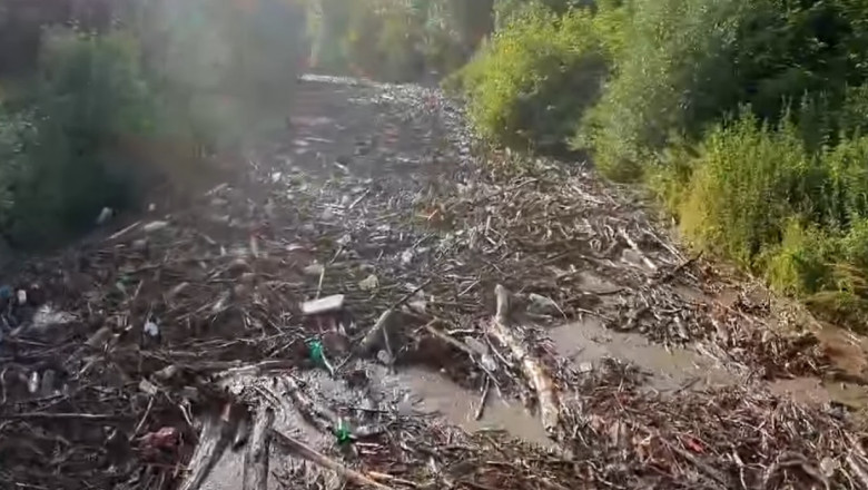 O viitură de numai un minut a umplut un râu din Apuseni cu tone de gunoaie. Momentul a fost surprins de un localnic